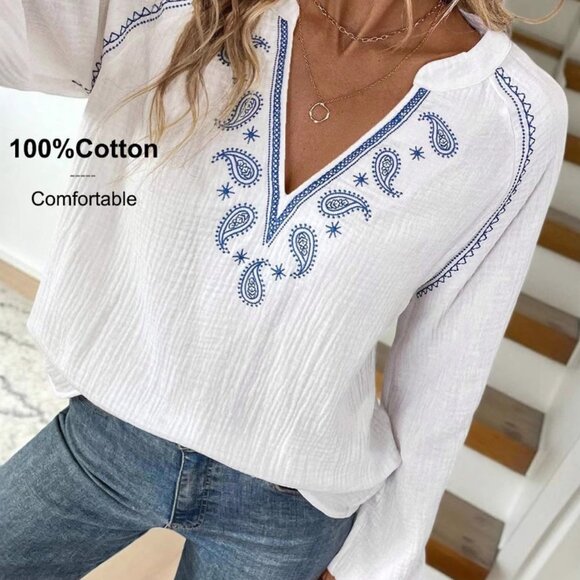 Paisley Pattern Notched Long Sleeve Blouse - Picture 4 of 6